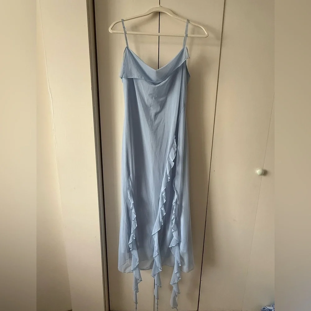 Cider MESH RUFFLE HEM RUCHED MIDI DRESS in Blue Size L (US 8) 💙💎🦋 - Picture 5 of 6